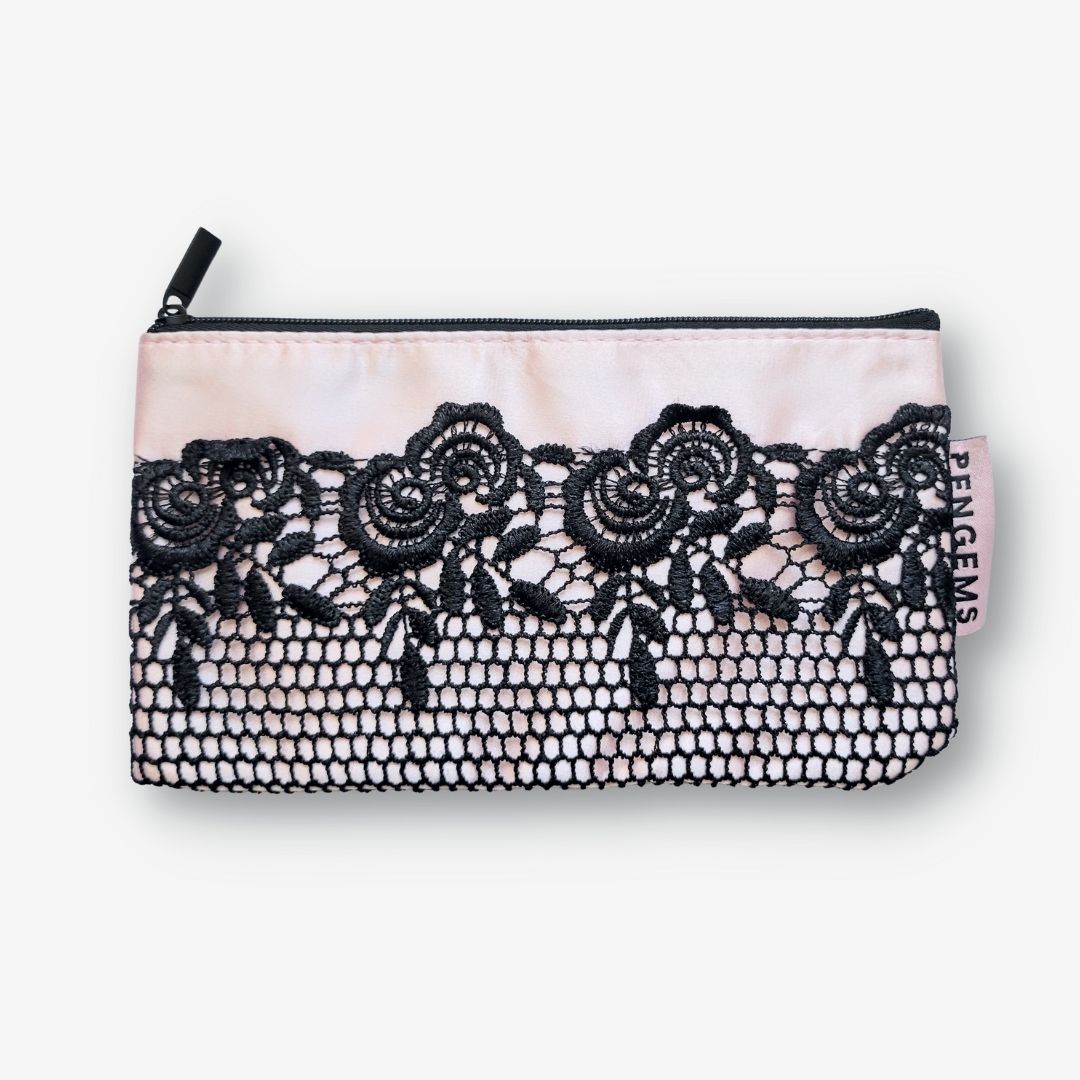 PENGEMS Love Affair Pink Satin and Black Lace Pen Pouch