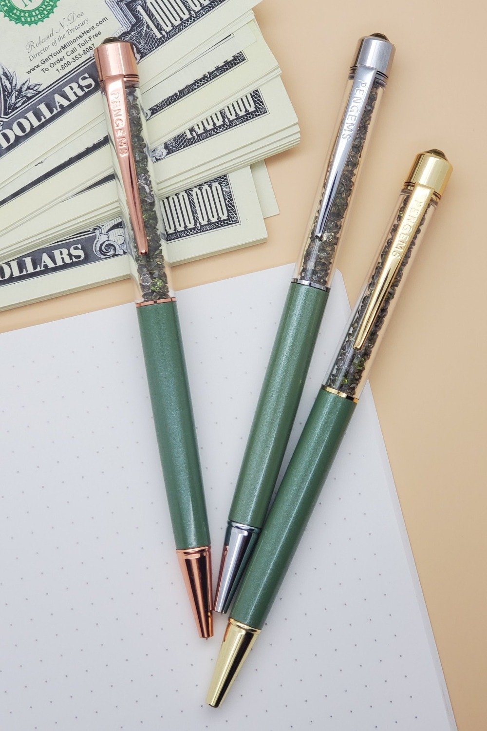 Feel Like a Million Bucks with this Green Crystal Pen - PENGEMS